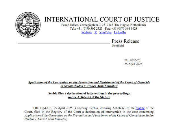 في تحرك مفاجئ زاد من سخونة النزاع أمام محكمة العدل الدولية، أعلنت جمهورية صربيا تدخلها رسميًا لدعم الإمارات العربية المتحدة ضد السودان في القضية المتعلقة باتهامات خطيرة بالإبادة الجماعية في إقليم دارفور.